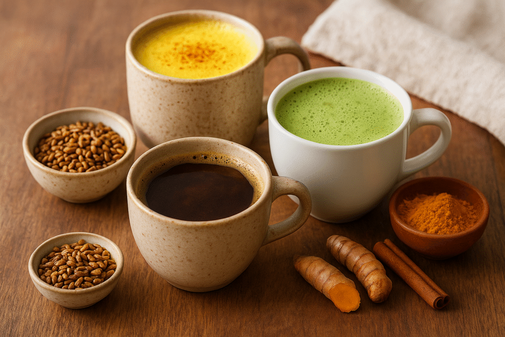 arpa kahvesi, matcha ve zerdeçal latte