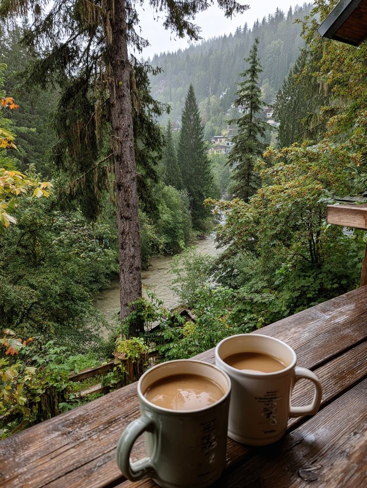 Orman Manzaralı Ahşap Balkonda Sütlü Kahve Sunumu ☕🌲